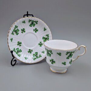 Vintage Hammersley Bone China Teacup & Saucer Set: Shamrocks with Gold Trim